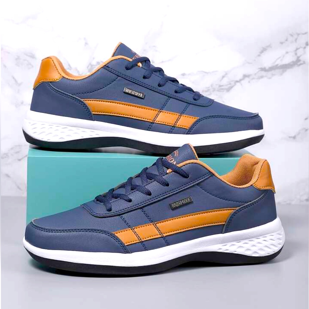Unisex Waterproof Space Leather Athletic Shoes. Navy/Tan Eu Size 42 Us 9.5